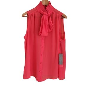 NY&Co Eva Mendes Sheer Top Womens Large Red Orange Sleeveless Tie Neck